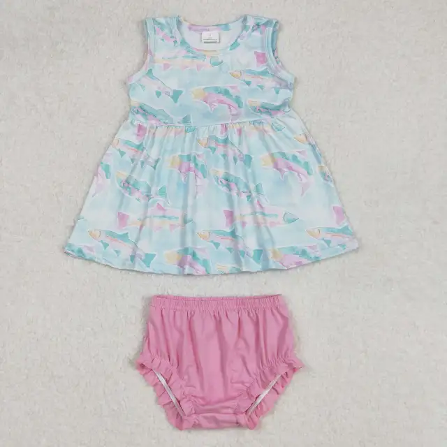 GBO0464 Fish pattern blue sleeveless pink bummies set