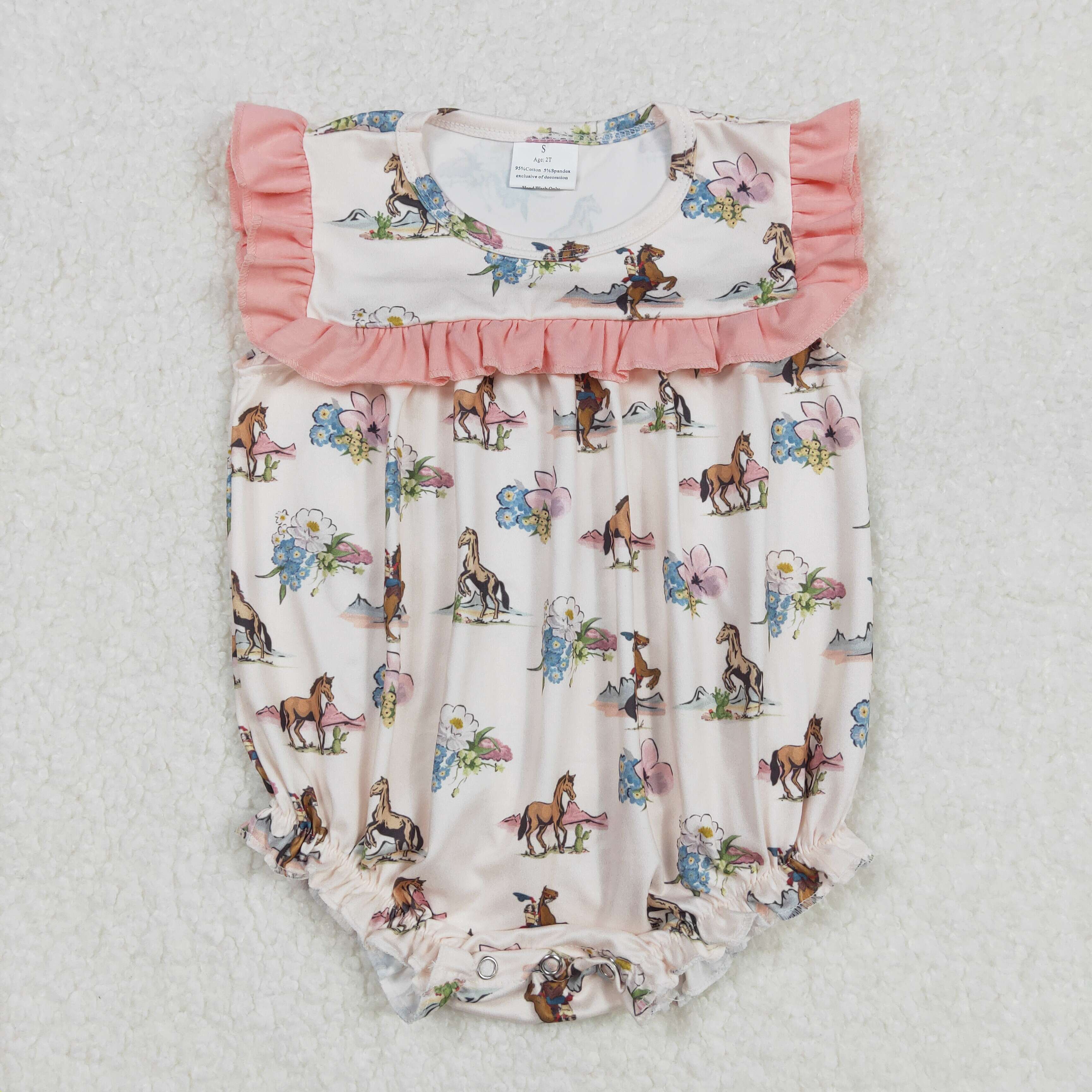 SR2690Girls Cowboy Horse Floral Pattern Pink Lace Beige Tank Top romper