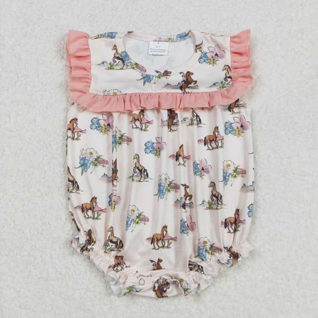 SR2690Girls Cowboy Horse Floral Pattern Pink Lace Beige Tank Top romper