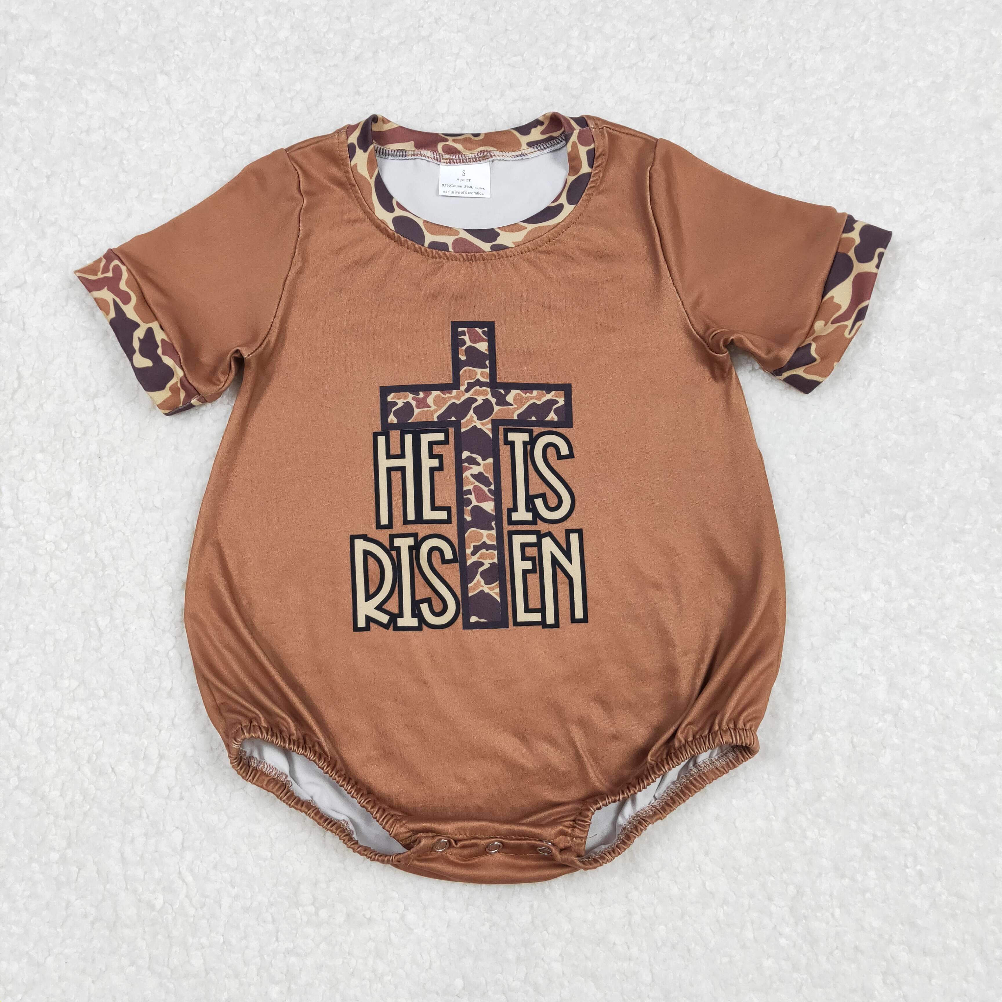 SR2374 he is risen camo cross brown short sleeve romper