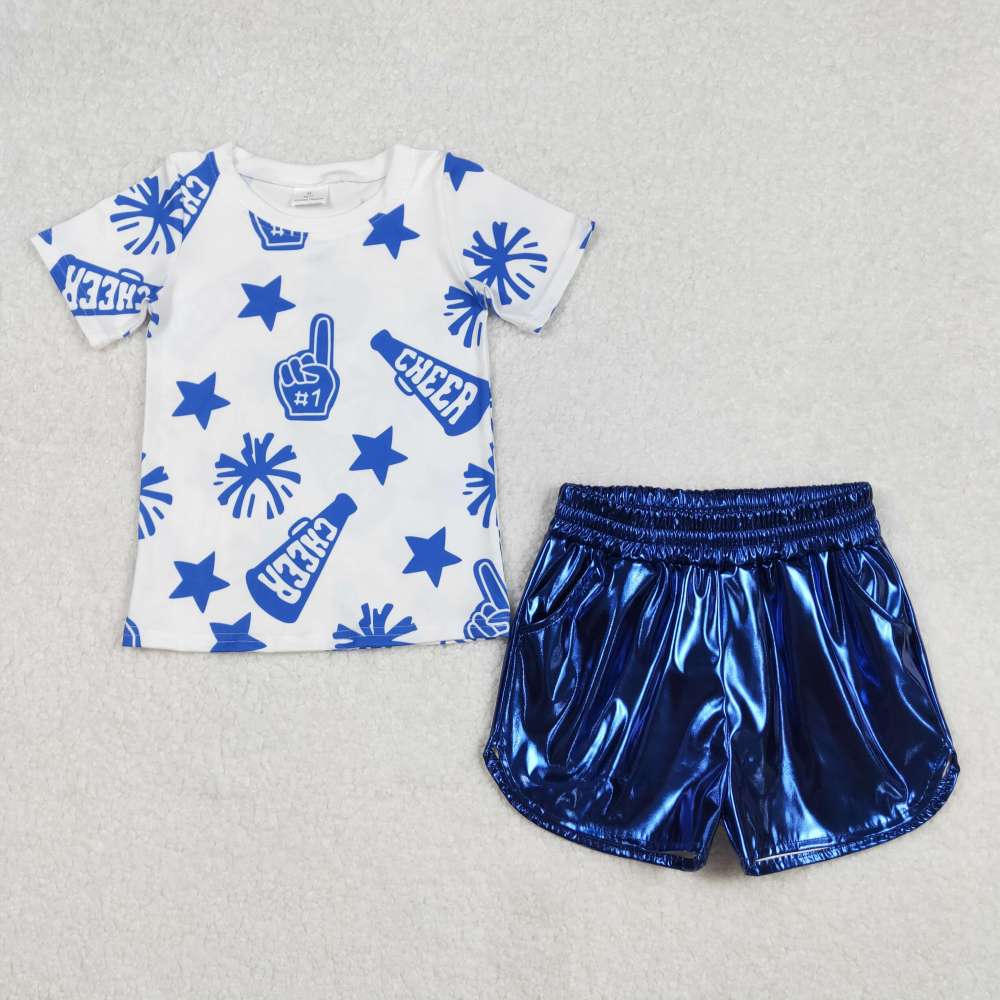GT0941 cheer blue fireworks stars white short sleeve top