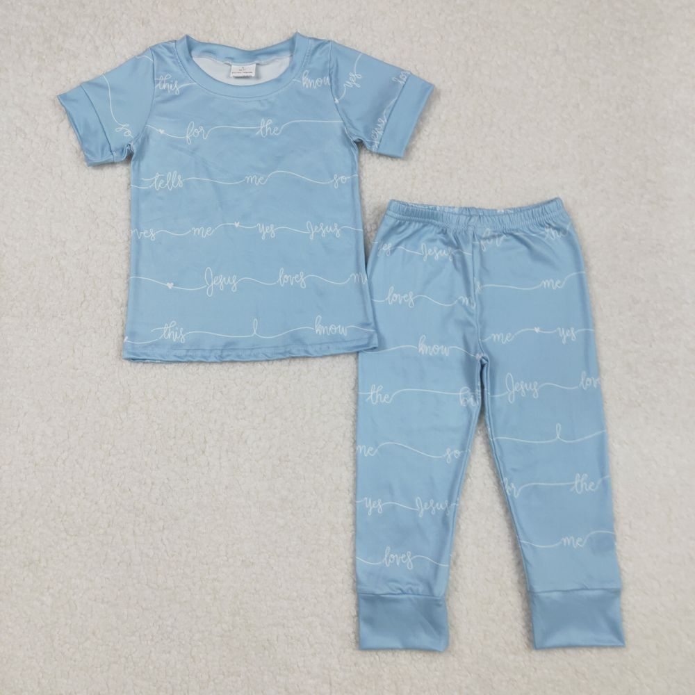 BSPO0529 jesus loves me letter blue short-sleeved trousers pajama set