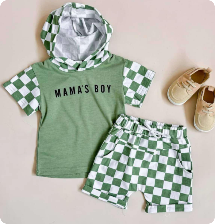 3.4 yan mama's boy green and white plaid hooded short-sleeved shorts suit