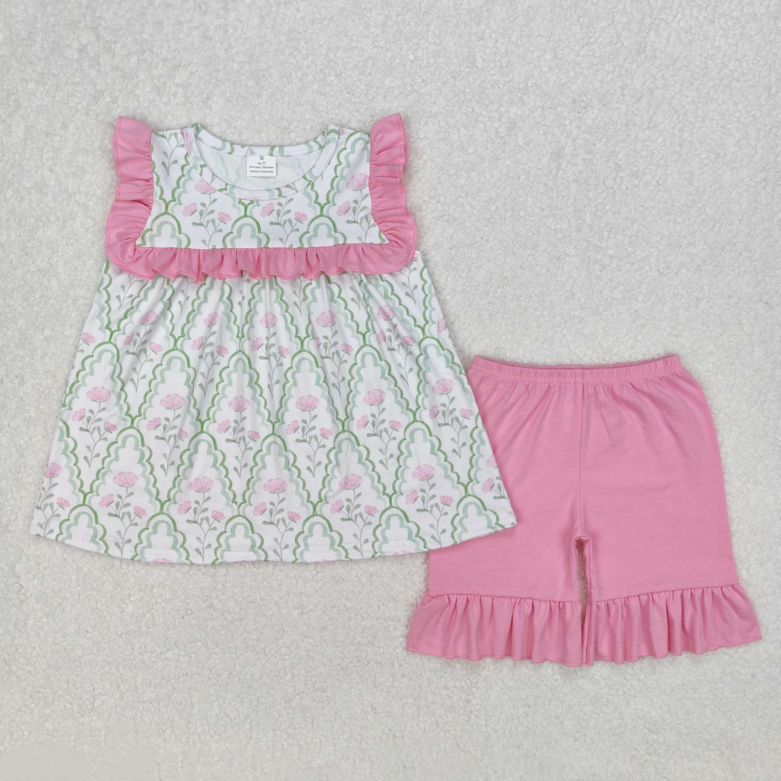 3.6 y Flowers and leaves green plaid pink lace sleeveless shorts suit