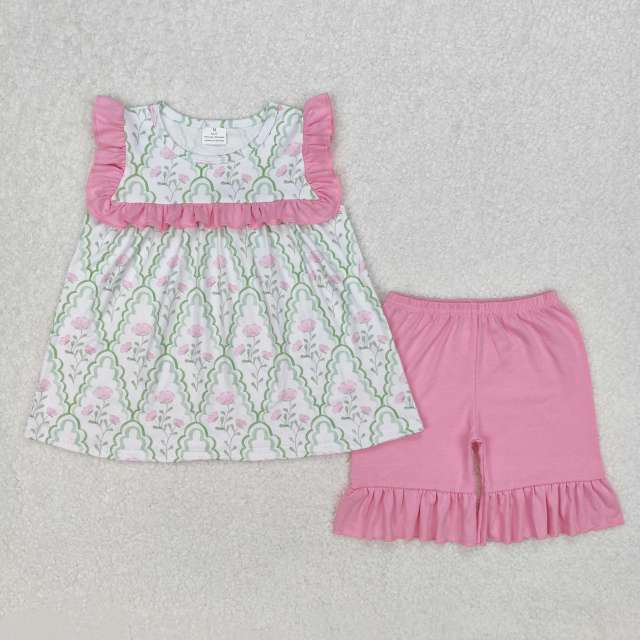 3.6 y Flowers and leaves green plaid pink lace sleeveless shorts suit