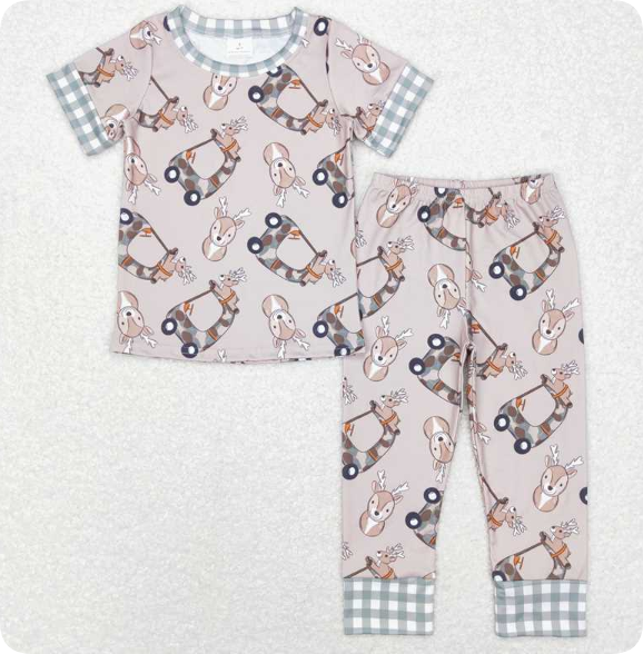 BSPO0242 3.7 yFawn camouflage car green and white plaid edge brown short-sleeved trousers suit