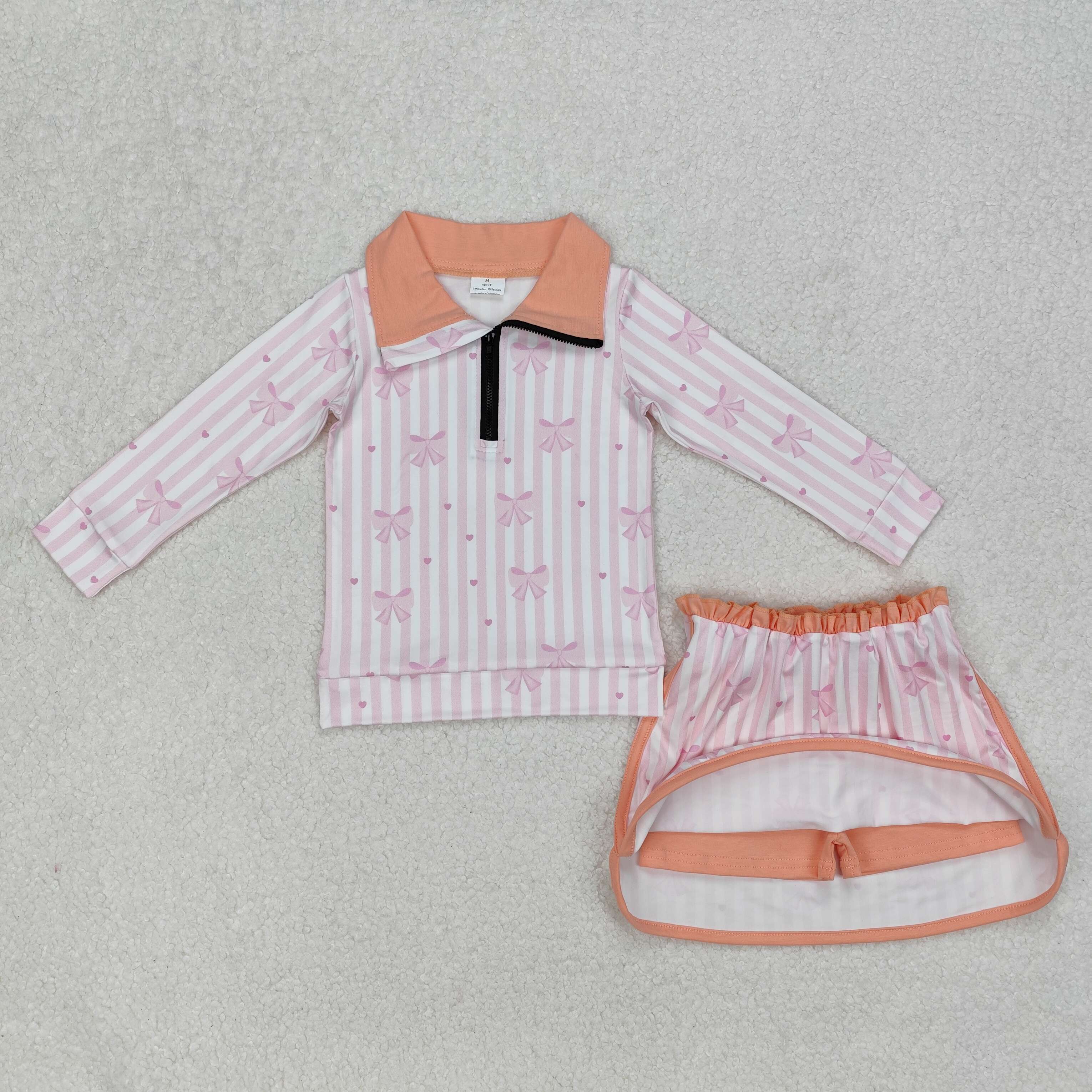GLD1004 3.8 y Bow pattern pink striped white zipper long sleeve culottes set