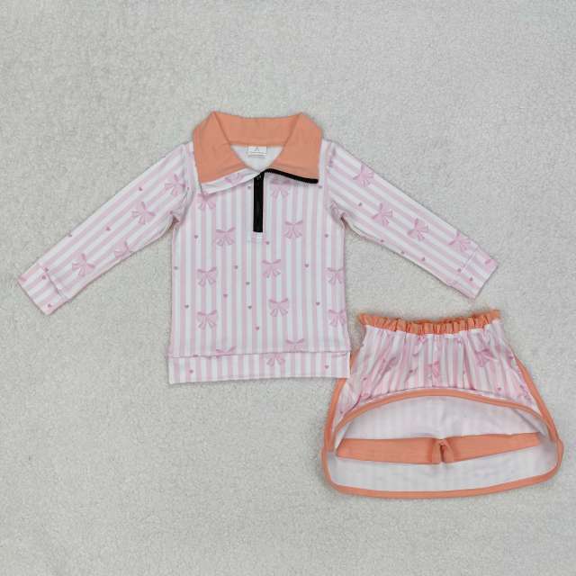 GLD1004 3.8 y Bow pattern pink striped white zipper long sleeve culottes set