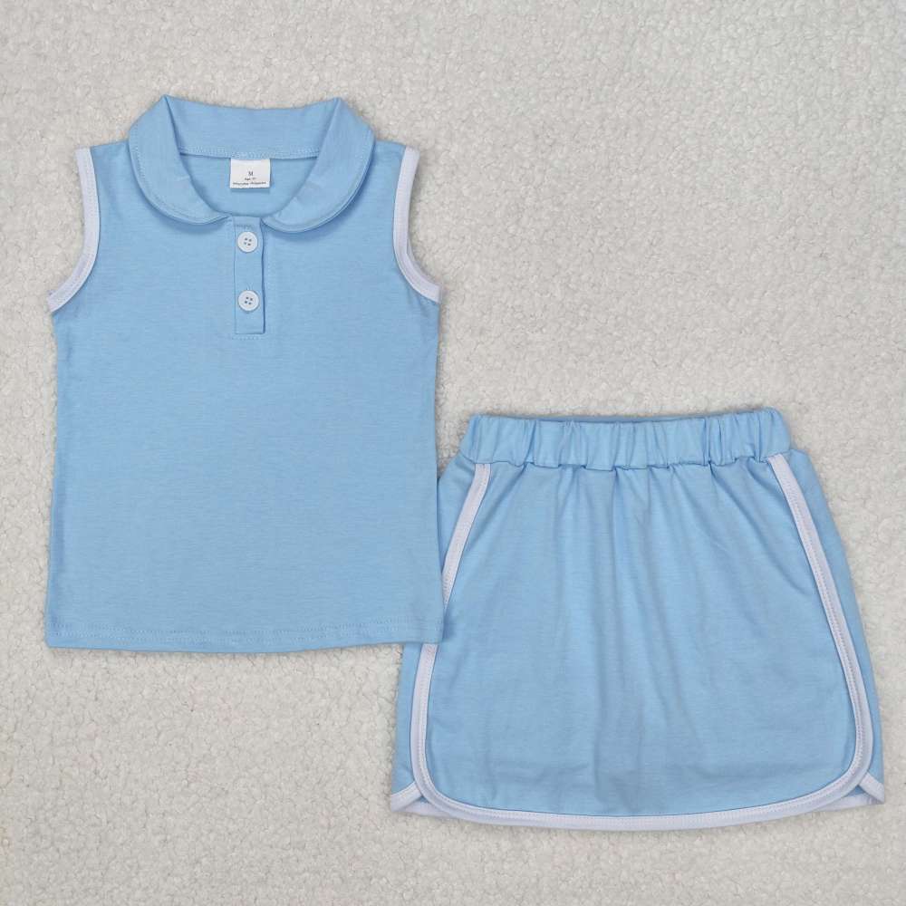 GSD1974 3.8 y Solid blue collar sleeveless culottes suit