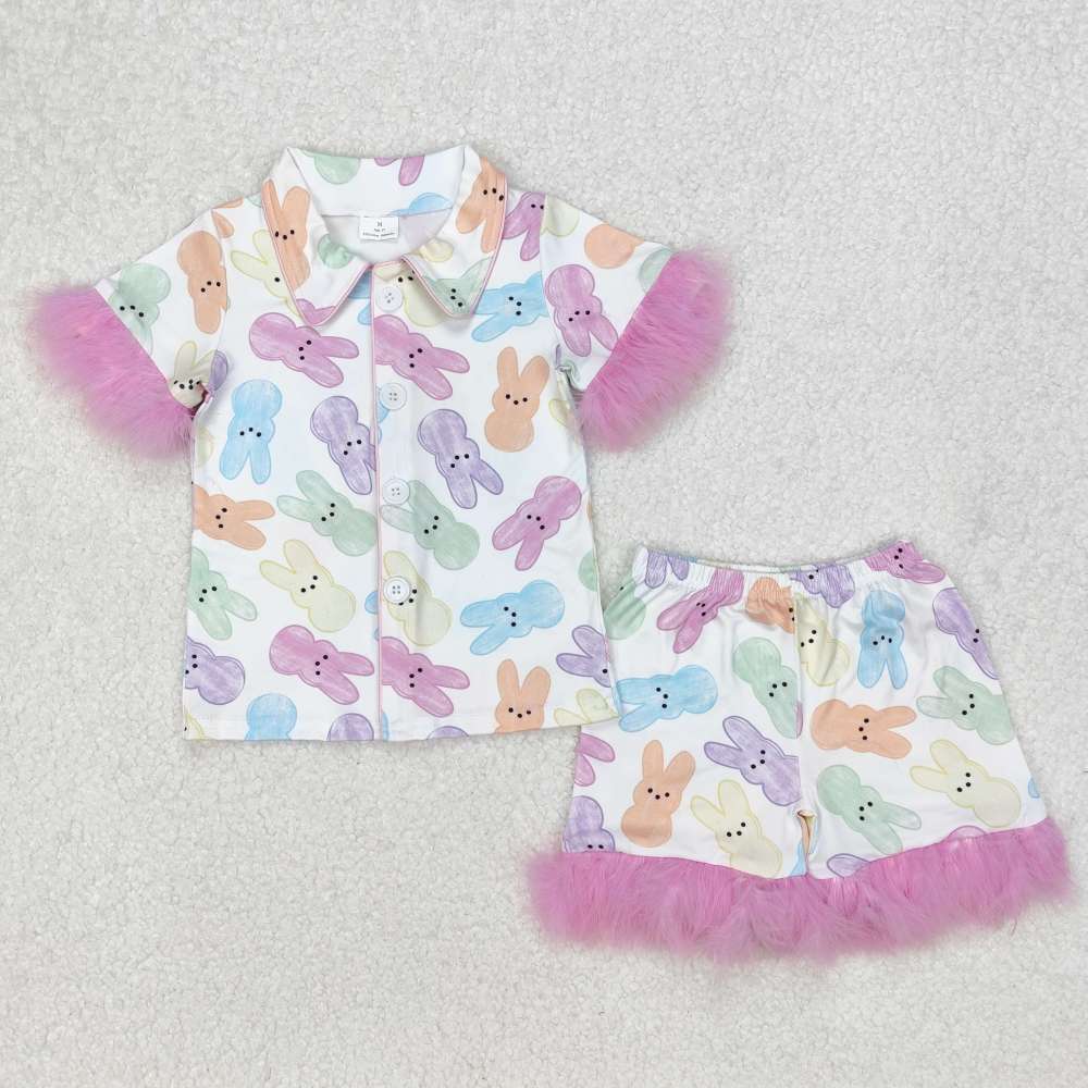 GSSO2020 3.8 y Easter Colorful Bunny Pink Plush Trimmed White Short Sleeve Shorts Pajama Set