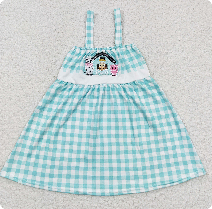 GSD0269  3.8y  Girls Embroidered Farm Cow Blue Vest Plaid Dress
