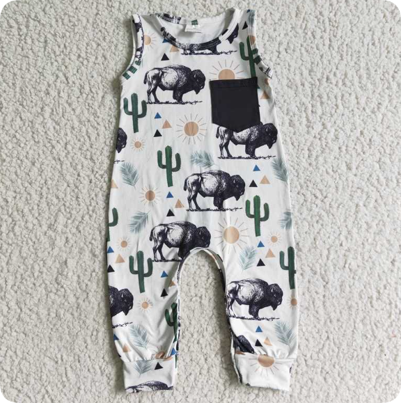 SR0071  3.10 y Boys Cow Cactus Pocket Sleeveless romper