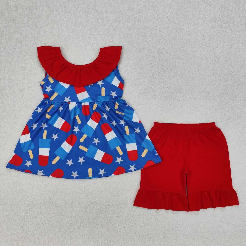 GSSO1765 3.11 y National Day Star Popsicle Red Lace Blue Sleeveless Shorts Suit