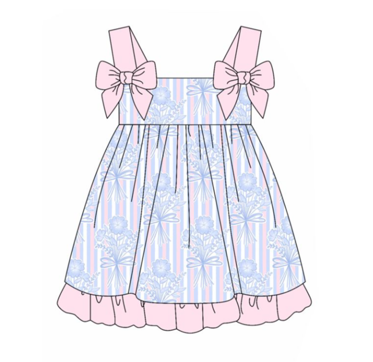GSD2264 3.12yFlower Bouquet Pink Blue Striped Lace Bow Sleeveless Dress
