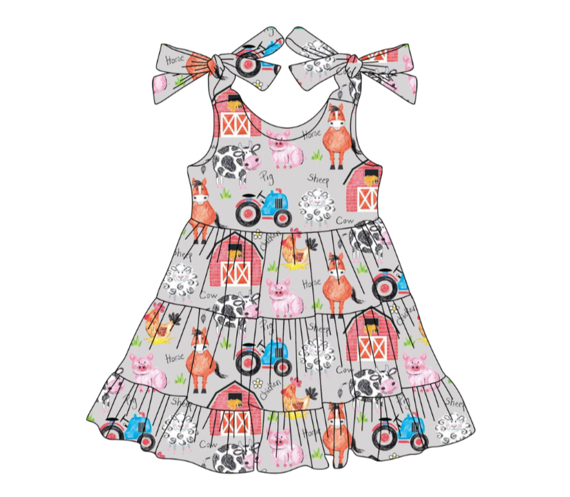 GSD2235 3.12y Farm animals red house gray slip dress