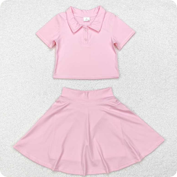 GSD1393 3.13 y  Solid pink short-sleeved skirt yoga suit