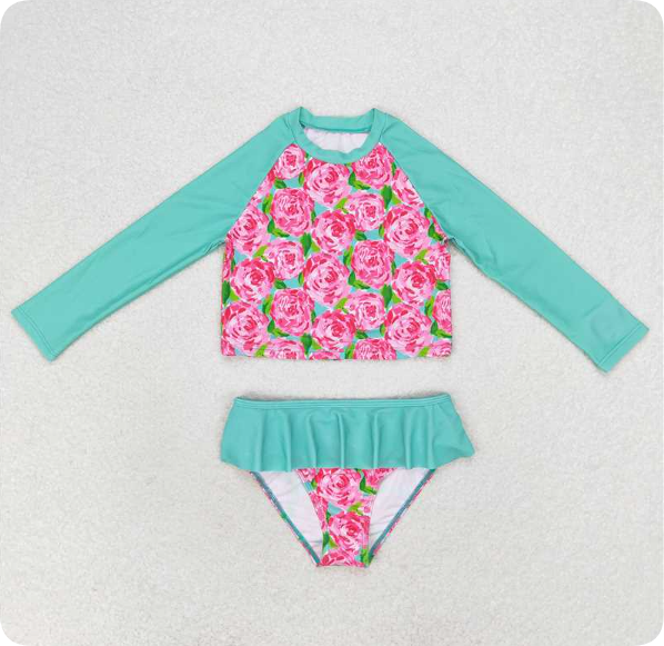S0260 3.13 y Floral turquoise lace long-sleeved swimsuit set