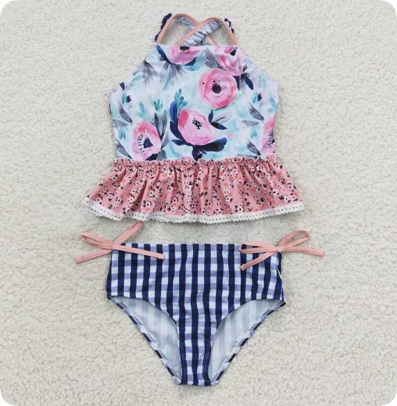 S0158 3.14 y Floral lace blue plaid swimsuit set