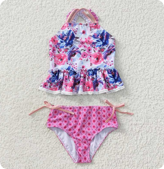 S0156 3.14 y Floral lace rose red swimsuit set