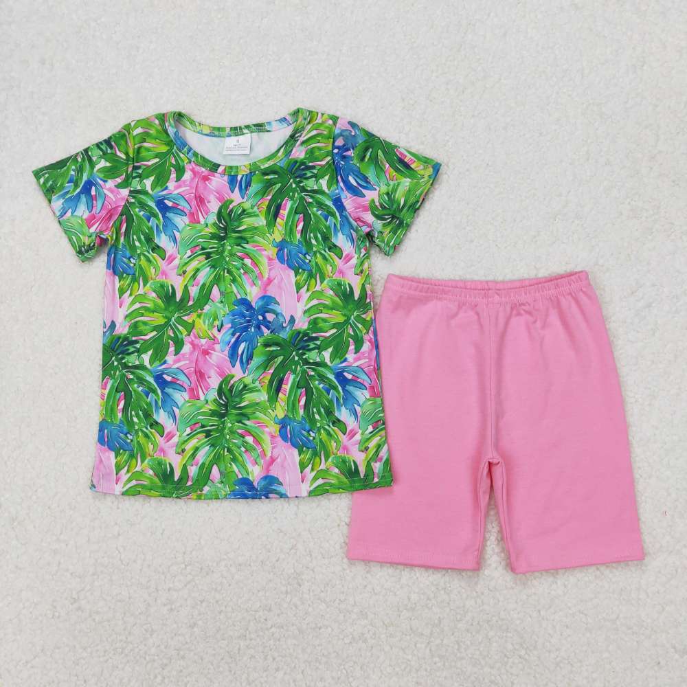 GSSO2211 3.15y Leaf pattern short-sleeved pink shorts set