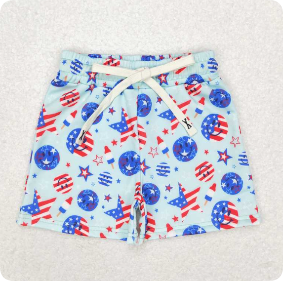 S0434  3.15 y National Day Smiling Stars and Stripes Popsicle Blue Swimming Shorts