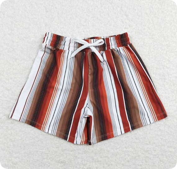 S0237 3.15 y Orange, red, white and brown striped swimming trunks