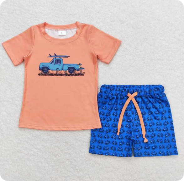 BSSO0706 3.17y Truck Orange Short Sleeve Crab Blue Shorts Suit