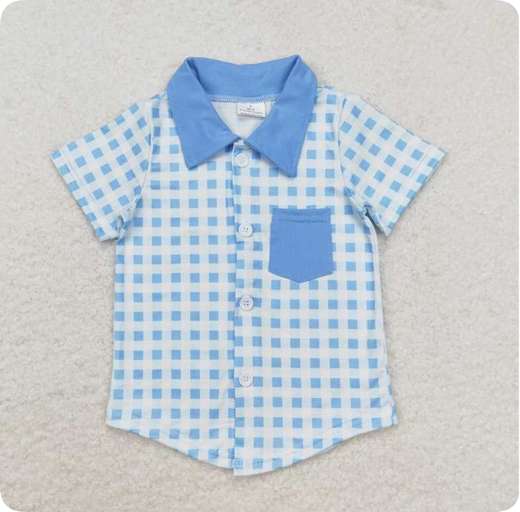BT0806 3.17 y Blue pocket plaid short sleeve shirts