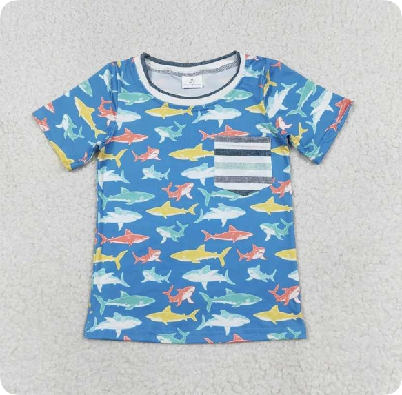 BT0667  3.17 y Shark Stripe Pocket Blue Short Sleeve shirts
