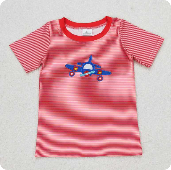 BT0594 3.19y Embroidered airplane red striped short-sleeved shirts