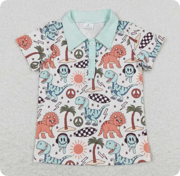 BT0580 3.19 y Smiley Dinosaur Star Lightning Teal Neck Short Sleeve shirts