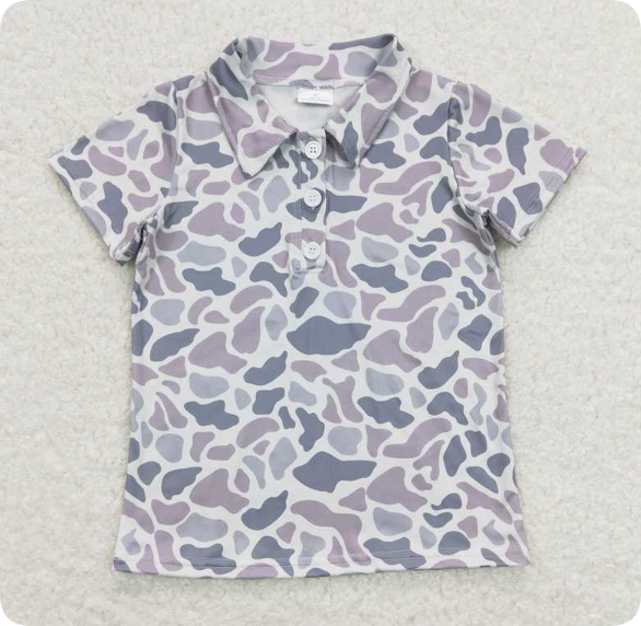BT0597 3.19 y Gray short-sleeved top with camouflage collar shirts