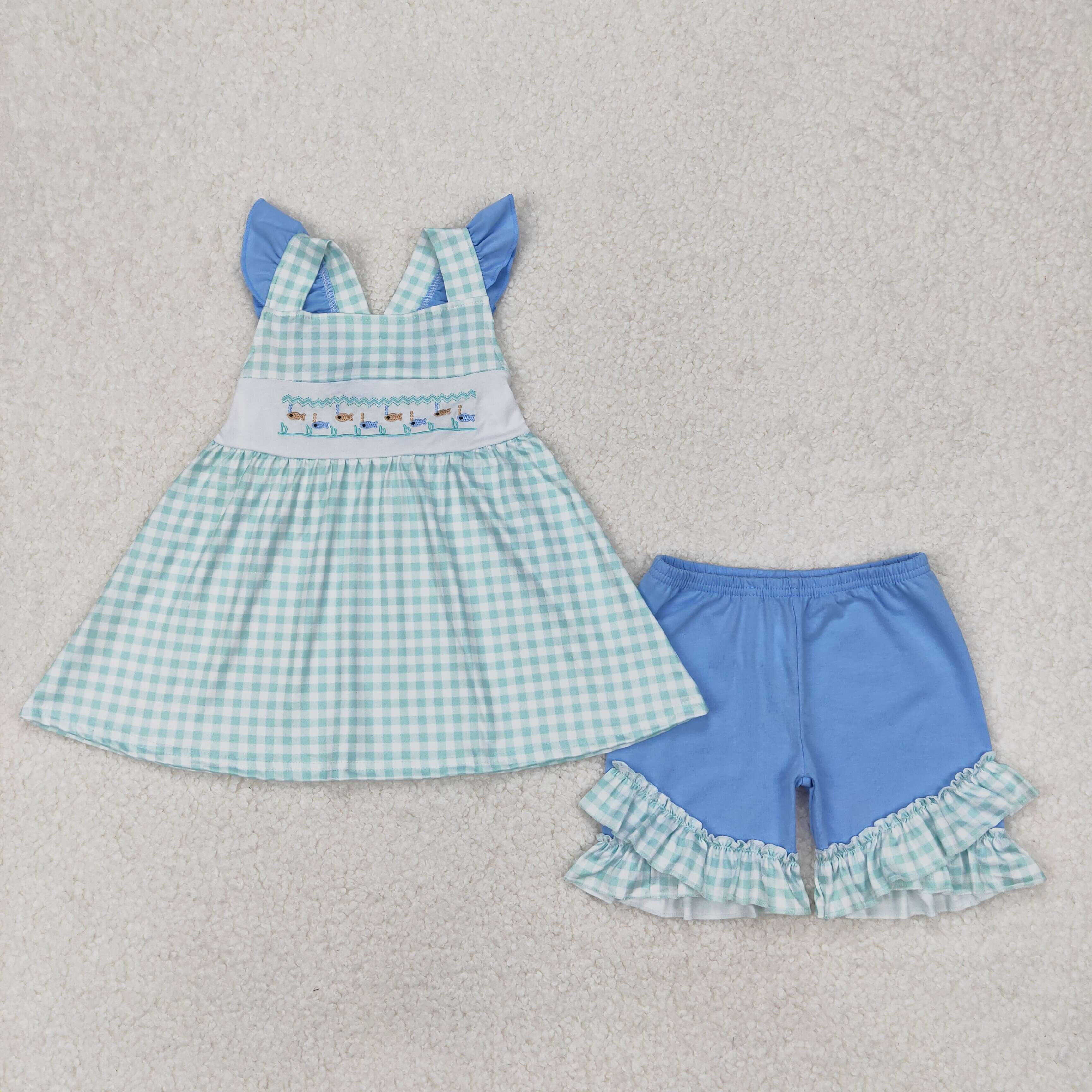 GSSO2148 3.20yEmbroidered fish green plaid flying sleeve blue shorts suit