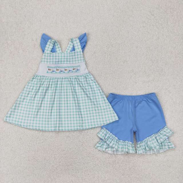 GSSO2148 3.20yEmbroidered fish green plaid flying sleeve blue shorts suit