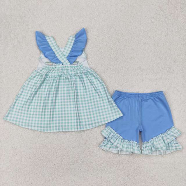 GSSO2148 3.20yEmbroidered fish green plaid flying sleeve blue shorts suit