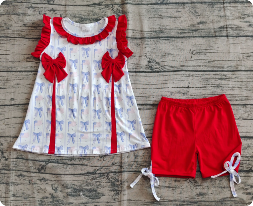 GSSO2373 3.20 y pre order National Day Bow Pattern Red Lace Striped Sleeveless Shorts Set
