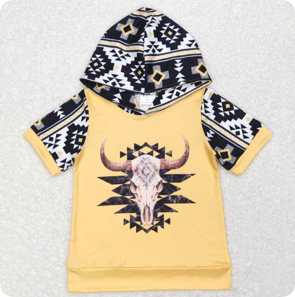 BT0458 3.21y Alpine cow head geometric yellow hooded short-sleeved shirts