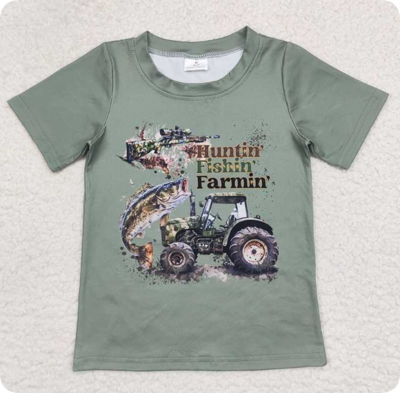 BT0344 3.21y huntin' fishin' farmin' letter green short-sleeved shirts