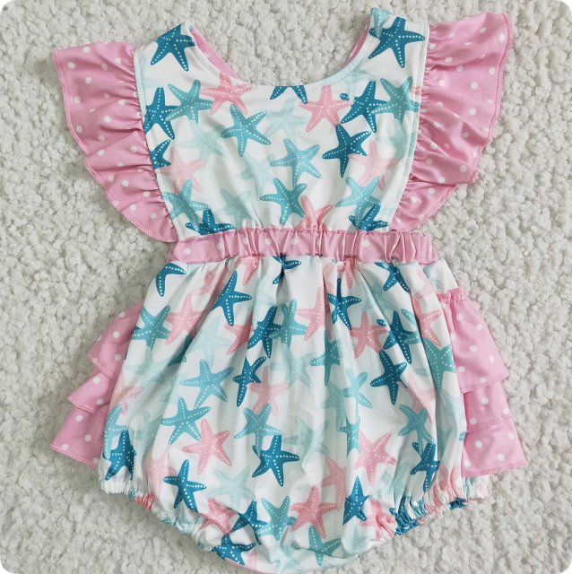 SR0022 3.22y   Girls pink star flying sleeve lace romper