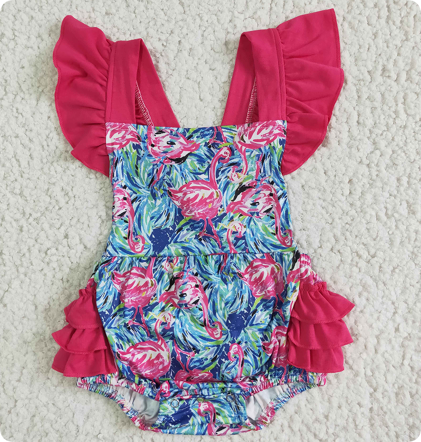 SR0038 3.22y  Girl's Rose Red Flying Sleeve Flower romper