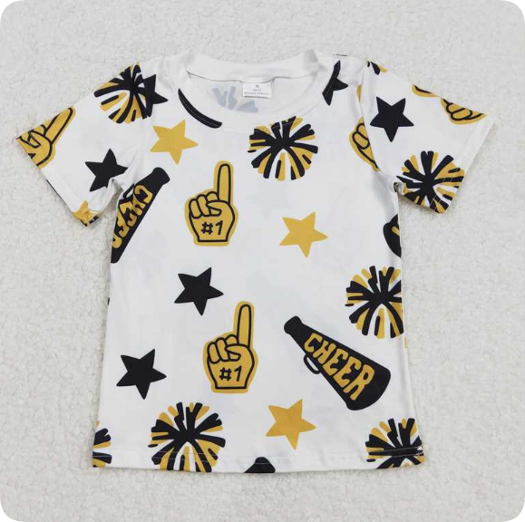 GT0939 3.22y cheer black gold fireworks stars white short sleeve shirts