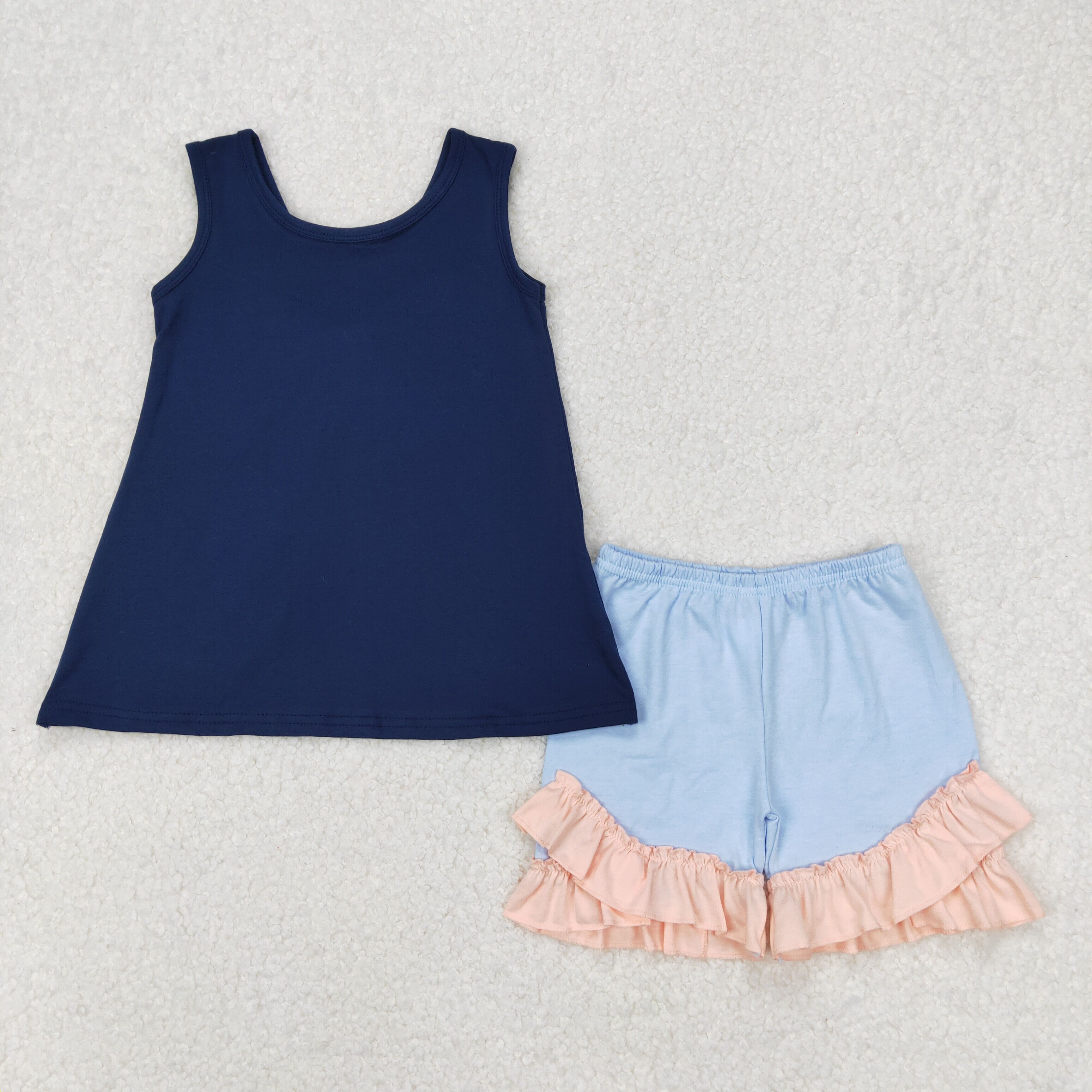 GSSO2272 3.24y Solid color bow navy blue sleeveless powder blue shorts suit