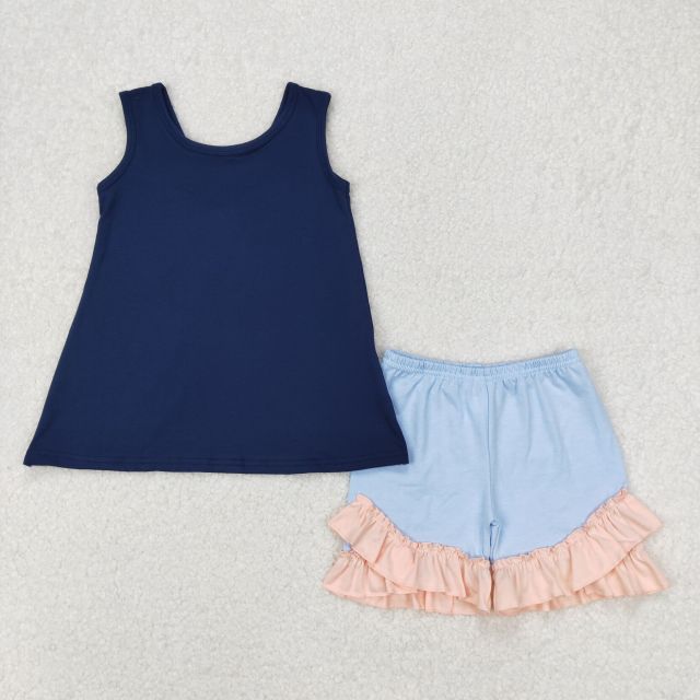 GSSO2272 3.24y Solid color bow navy blue sleeveless powder blue shorts suit