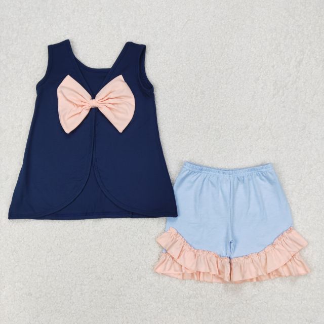 GSSO2272 3.24y Solid color bow navy blue sleeveless powder blue shorts suit