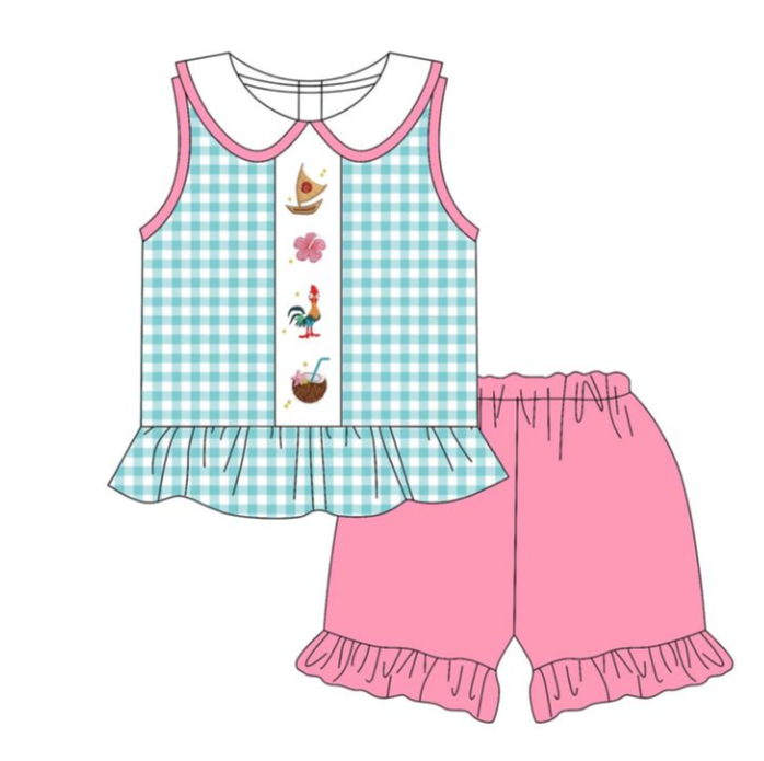 GSSO2511 3.25 y pre order Cartoon Flower Chicken Coconut Juice Blue Green Plaid Doll Collar Sleeveless Pink Shorts Suit