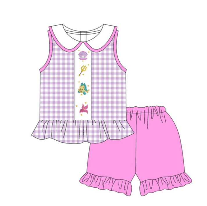 GSSO2510 3.25 y pre order Cartoon Shell Pearl Fish Purple Plaid Doll Collar Sleeveless Rose Red Shorts Suit