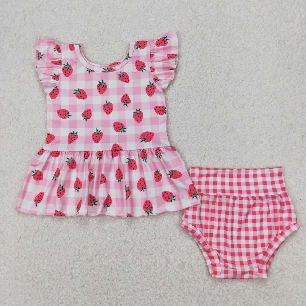 GBO0264 3.27y  Strawberry pink and white plaid lace flying sleeve briefs suit
