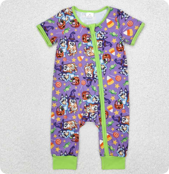 SR1803 3.27y Halloween Candy Star Purple Green Short Sleeve romper