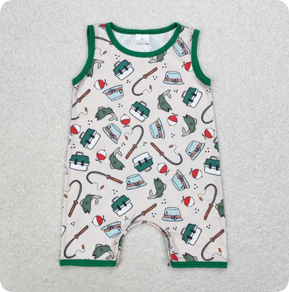 SR0914  3.27y Fishing Tools Green Trimmed Vest romper