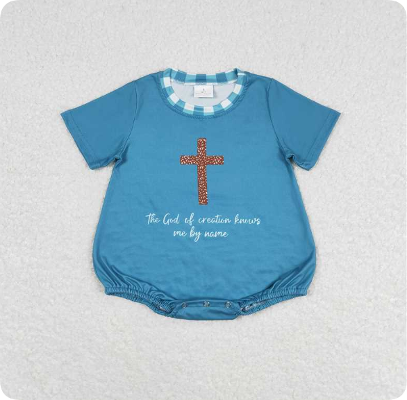 SR1529  3.28y Boys Cross Letter Teal Short Sleeve rompper